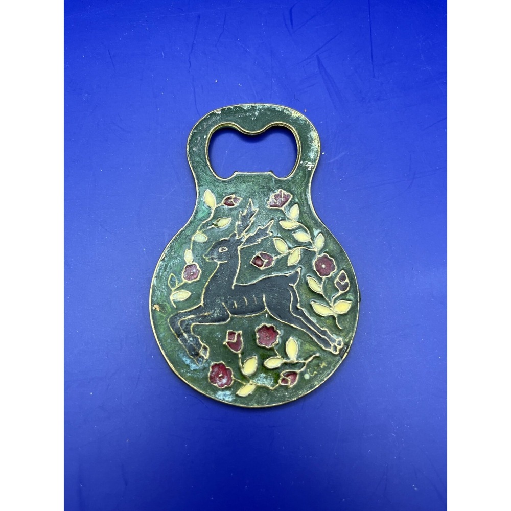 Vintage Enamel Bottle Opener Set Deer Floral Design Art Deco Barware 3.5"